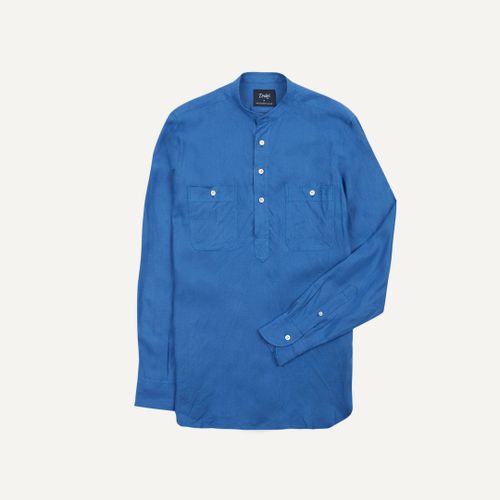 Blue Linen Mandarin Collar Popover Shirt