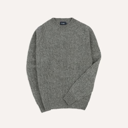 Grey Brushed Shetland Cable Knit Crew Neck Jumper