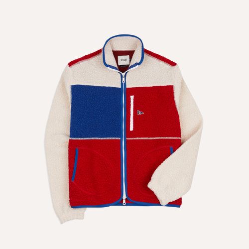 Ecru, Red and Blue Boucle Wool Zip Fleece Jacket