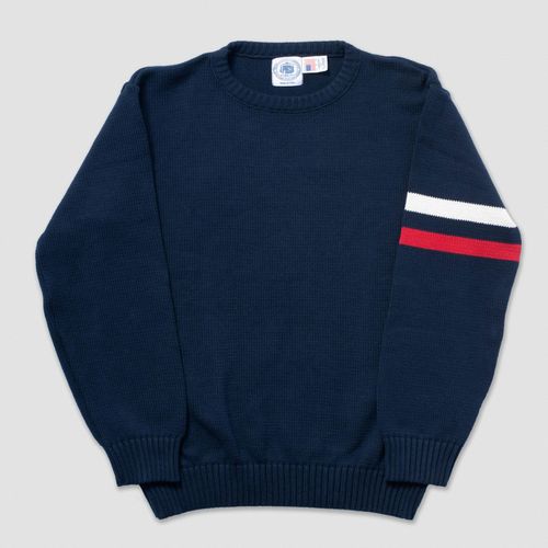 Cotton Crew Neck Sleeve Stripe Sweater - Navy With Natural/red