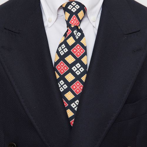 Drake's Navy with Red/Yellow/White Rhombus Pattern Silk Tie (NOS)