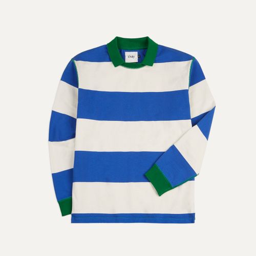 Blue and White Wide Stripe Mock Collar Long-Sleeve Jersey