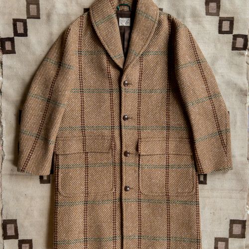 Shawl Collar Wool Overcoat - Rust and Evergreen Windowpane