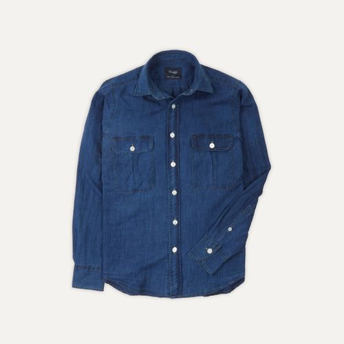 Blue Cotton Linen Two-Pocket Work Shirt