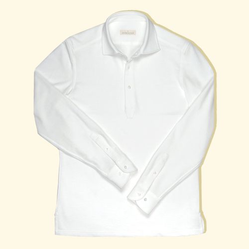 Pique Long Sleeve Spread Collar Polo - WhitePique Long Sleeve Spread Collar Polo - White