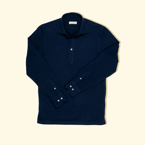 Pique Long Sleeve Spread Collar Polo - NavyPique Long Sleeve Spread Collar Polo - Navy