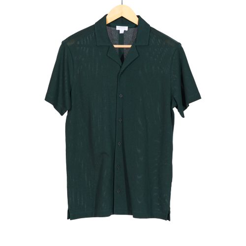 Forest Green Pique Short Sleeve Camp Collar Shirt