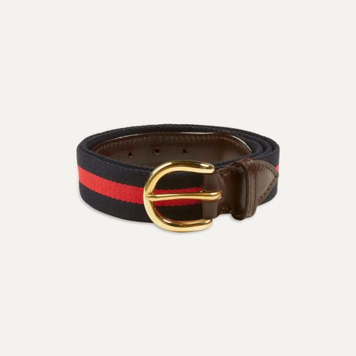 Navy and Red Stripe Webbing and Leather Belt with Brass Buckle