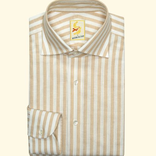 Beige and White Candy Striped Cotton/Linen Spread Collar ShirtBeige and White Candy Striped Cotton/Linen Spread Collar Shirt