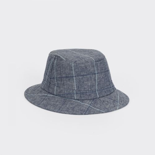 Linen Melange Window Pane Bucket Hat : Blue