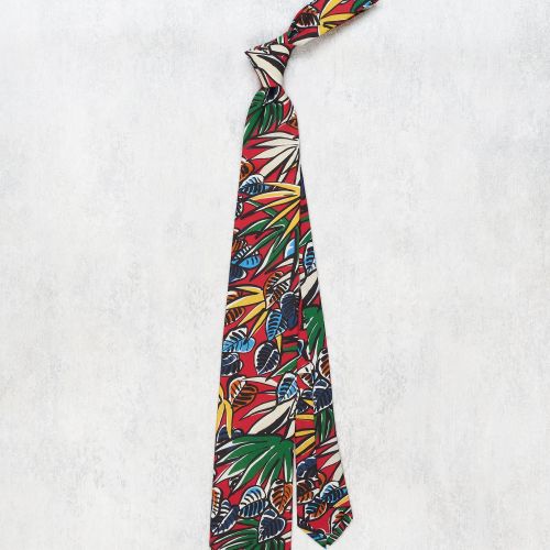 Drake's Red Colourful Leaves Pattern Linen/Cotton Tie (NOS)