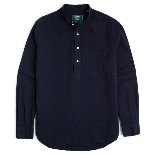 Gitman Vintage Cotton Seersucker Band Collar Popover Shirt: Navy