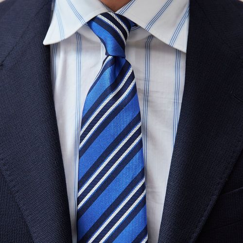 Drake's Blue with Navy/White Stripe Herringbone Silk Tie (NOS)