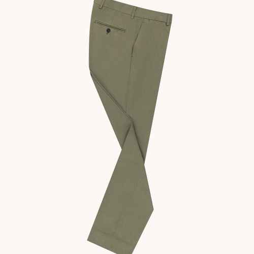 Garment Washed Flat Front Trouser - Olive Cotton Canvas