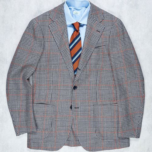 Ring Jacket 269 Navy White Orange Prince of Wales Check Wool-Linen Sport Coat (NOS)