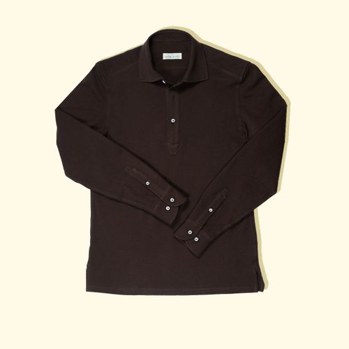 Pique Long Sleeve Spread Collar Polo - Chocolate BrownPique Long Sleeve Spread Collar Polo - Chocolate Brown