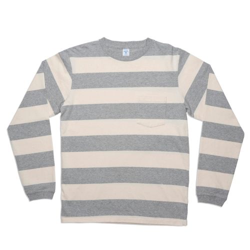 Wide Stripe L/S C/N Tee w/Pkt / Oatmeal/H.Grey