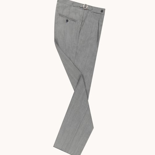 Single Pleat Trouser - Light Grey Herringbone Wool