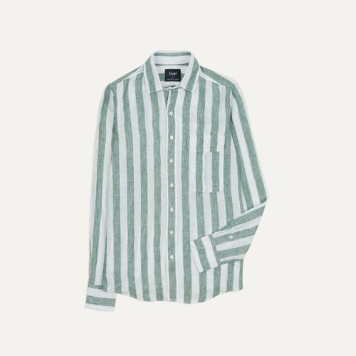 Green and White Broad Stripe Linen Spread Collar Shirt