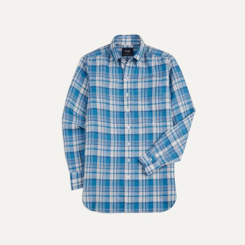 Blue Check Cotton Linen Button-Down Shirt