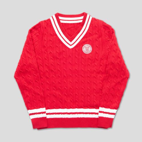 V Neck Cricket Sweater - Red/white