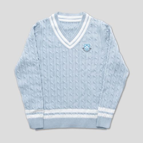 V Neck Cricket Sweater - Light Blue/white