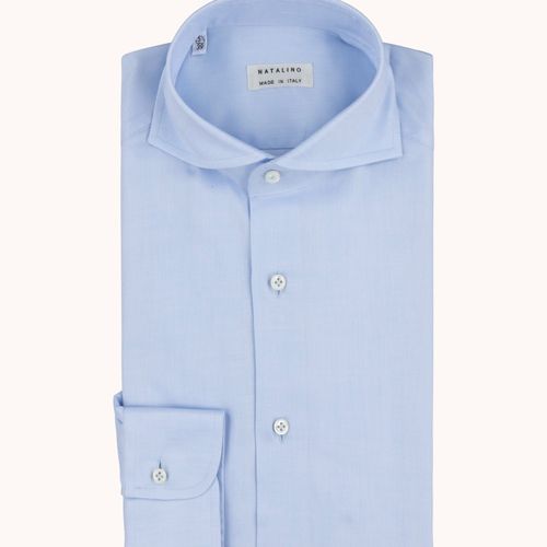 Spread Collar Shirt - Blue Cotton Twill