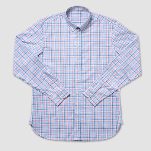 Cotton Long Sleeve Windowpane Shirt - Mint W/blue & Red Pane