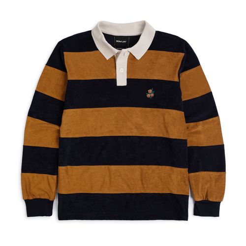 Howlin' A Barrel Of Fun Striped Terry Towel Long Sleeve Polo Shirt: Almond