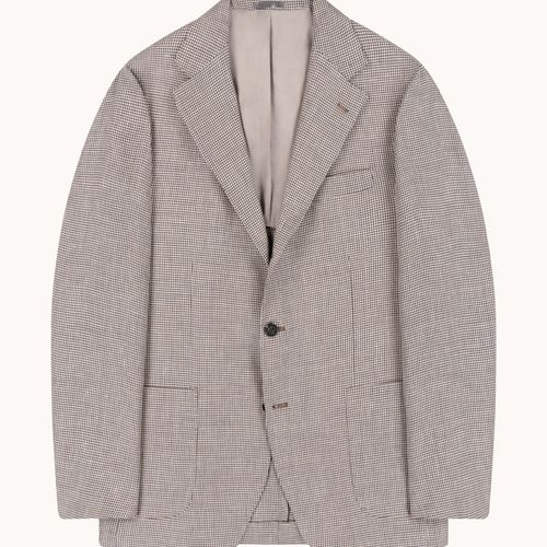 Sport Jacket - Beige Brown Houndstooth Wool Linen