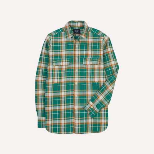 Green and Yellow Check Slub Brushed Cotton Two-Pocket Work Shirt