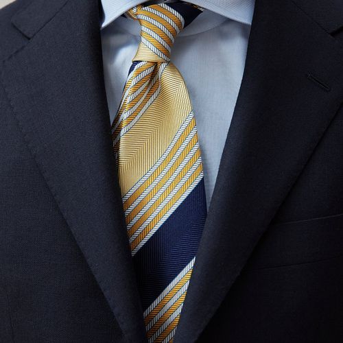 Drake's Yellow with Navy/White Stripe Herringbone Silk Tie (NOS)