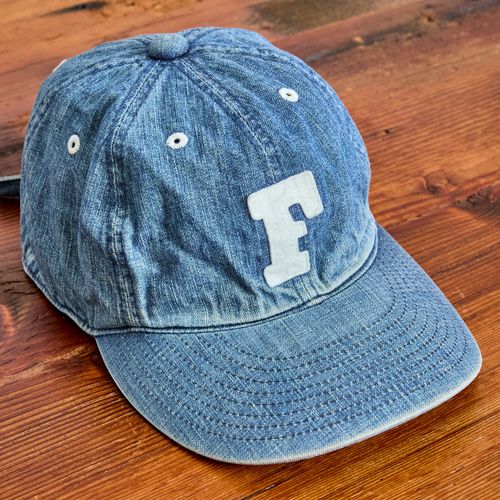 Distressed Patch Denim Baseball Cap in Indigo Blue