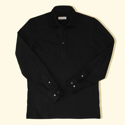 Pique Long Sleeve Spread Collar Polo - BlackPique Long Sleeve Spread Collar Polo - Black