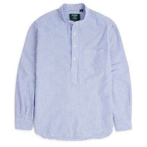 Gitman Vintage Cotton Seersucker Band Collar Popover Shirt: Blue/White