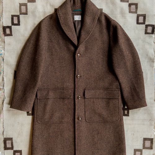 Shawl Collar Wool Overcoat - Rust and Dark Brown Herringbone