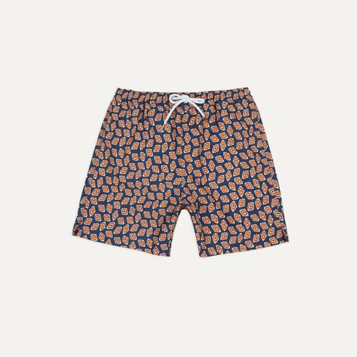 Navy Jumbled Medallion Print Nylon Swim Shorts