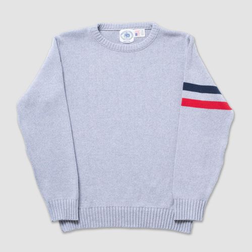 Cotton Crew Neck Sleeve Stripe Sweater - Grey Marl W/ Navy & Red Stripe