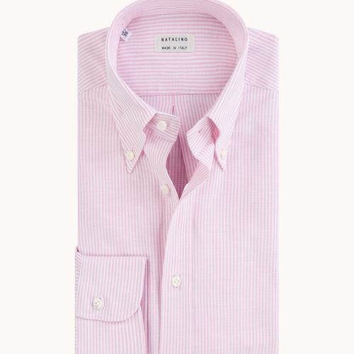 Button Down Collar Shirt - Pink Stripe Oxford Cotton