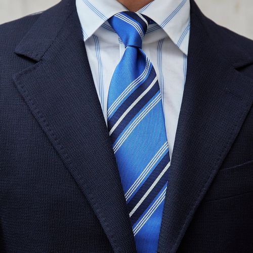 Drake's Blue/Navy/White Stripe Herringbone Silk Tie (NOS)