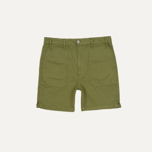 Olive Herringbone Cotton Fatigue Shorts