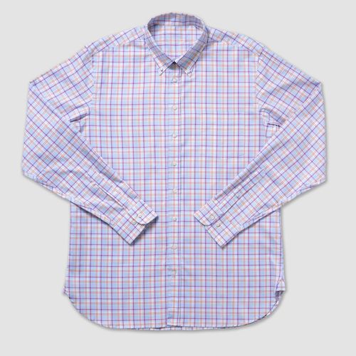 Cotton Long Sleeve Windowpane Shirt - Light Blue W/ Orange & Pink Pane