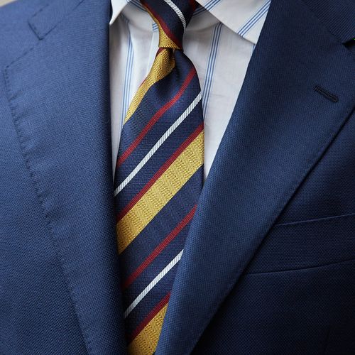 Drake's Navy/Yellow/Red/White Stripe Herringbone Silk Tie (NOS)