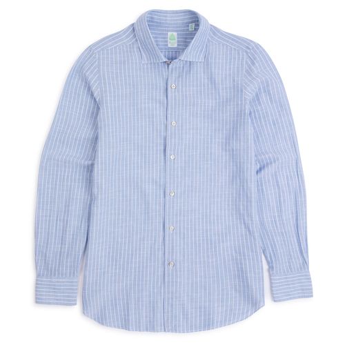 Finamore Gaeta Cotton Linen Butcher Stripe Luigi Sport Shirt: Blue/White