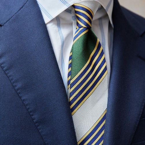 Drake's Green/White with Yellow/Navy Stripe Herringbone Silk Tie (NOS)