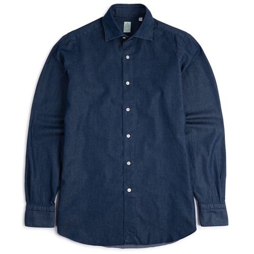 Finamore Gaeta Washed Denim Luigi Sport Shirt: Dark Blue