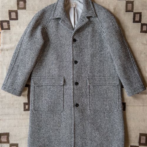 Raglan Wool Overcoat - Black and Cream Herringbone