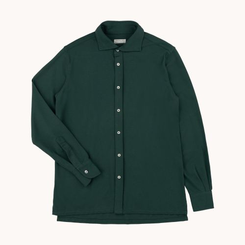 Long Sleeve Spread Collar Pique Cotton Shirt - Green