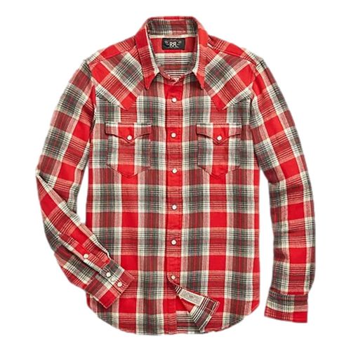 Slim Fit Plaid Twill Western Shirt Red Grey