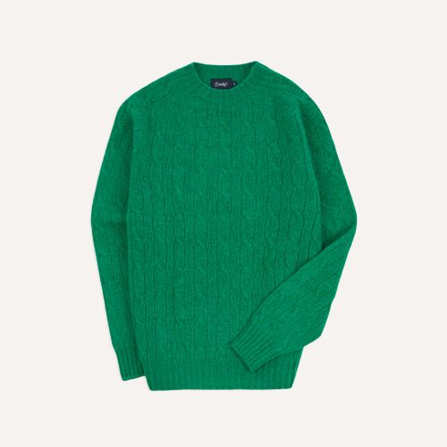 Green Brushed Shetland Cable Knit Crew Neck Jumper